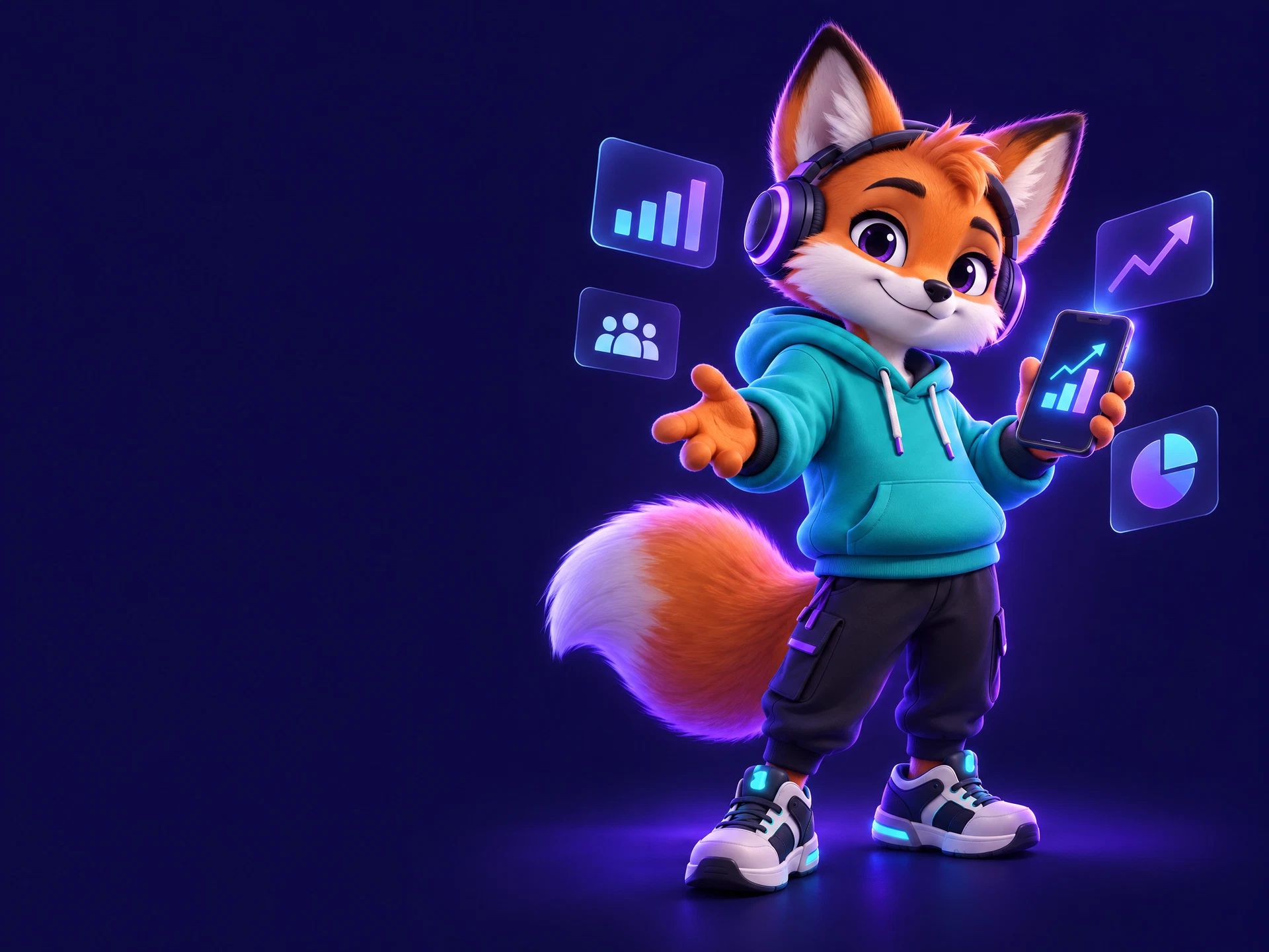 Original fox creator mascot holding a glowing phone